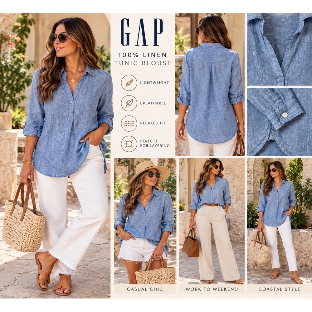 Gap Womens 100% Linen Tunic Blouse Blue Relaxed Fit V-Neck Shirt XS